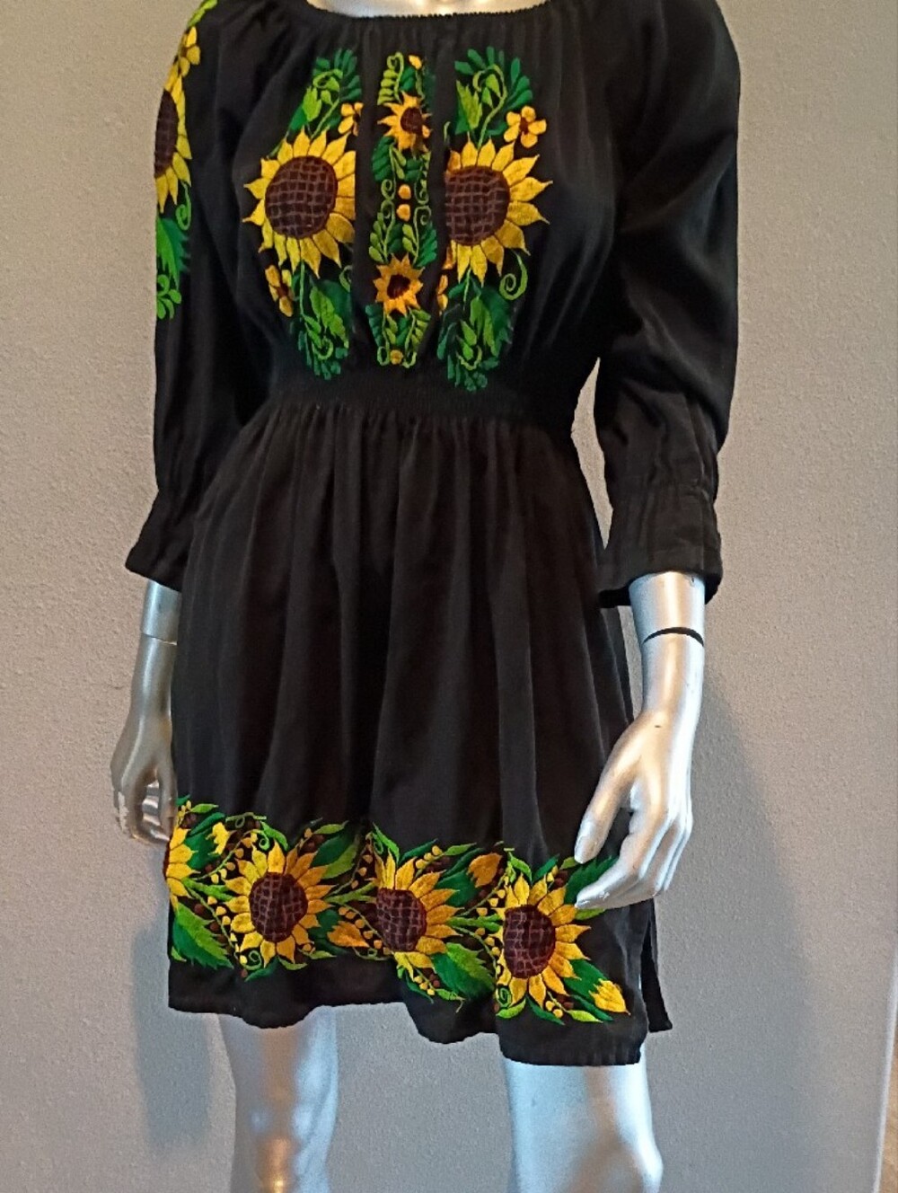 Sunflower Artisan-Embroidered Boho   Black Cotton Mini Dress Sz Med - Picture 3 of 12